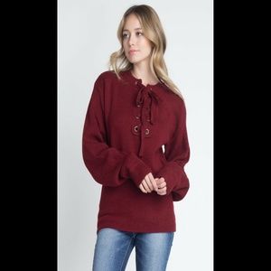 Long Sleeve Pullover Sweater Criss Cross Maroon